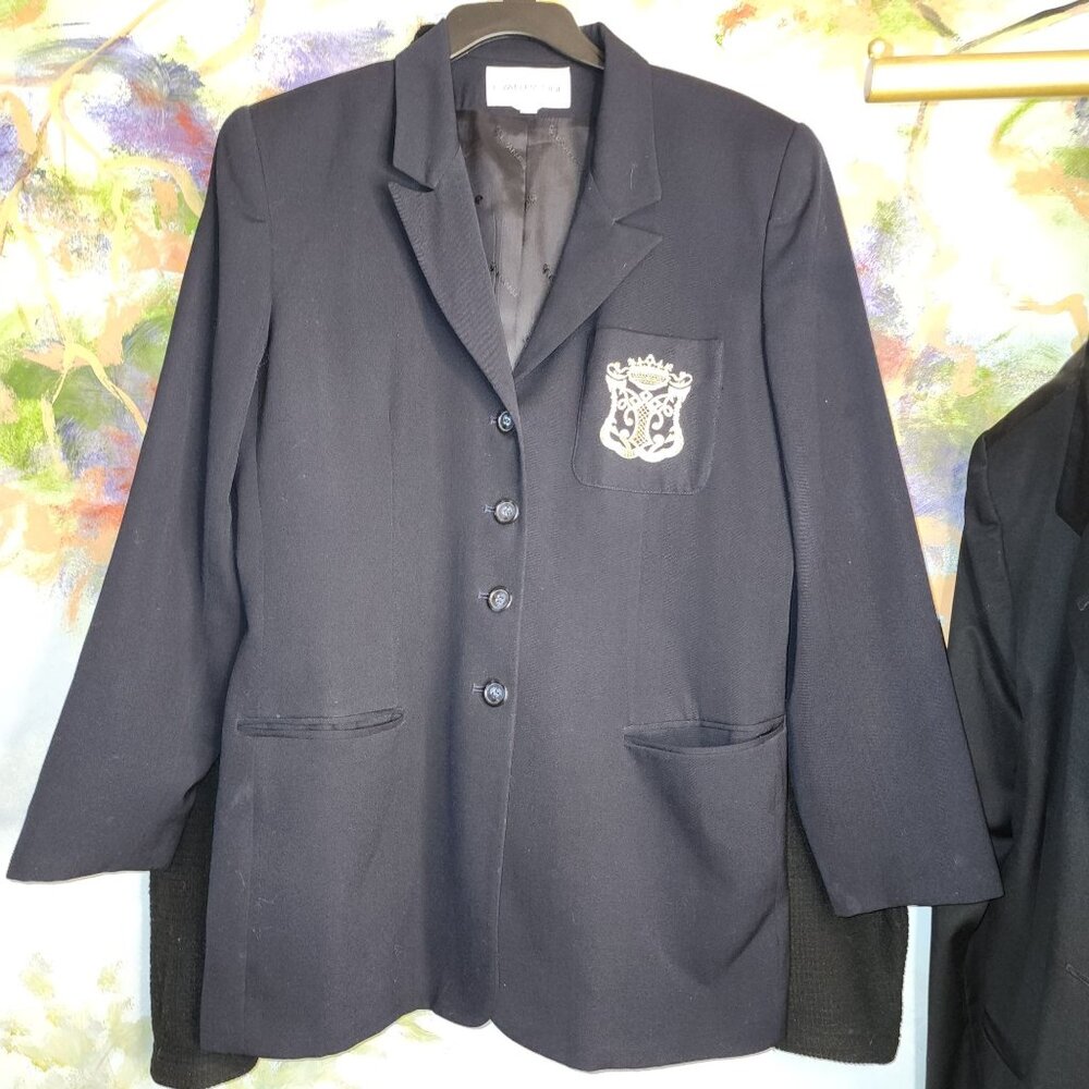 Evan-Picone Women's Blazer Jacket Black Crest Embroidery Button Closure Size 10